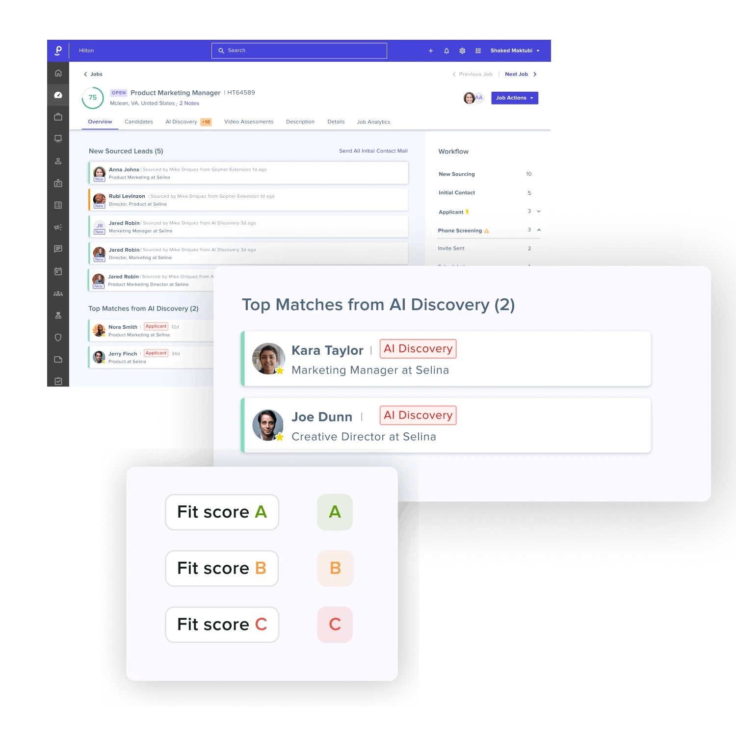 Phenom hiring manager view showing AI Discovery candidate matches and fit score grading for an open role.