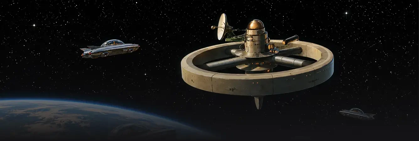 Two spaceships floating in starry space, with a circular tan space station on the right and a sleek ship on the left.