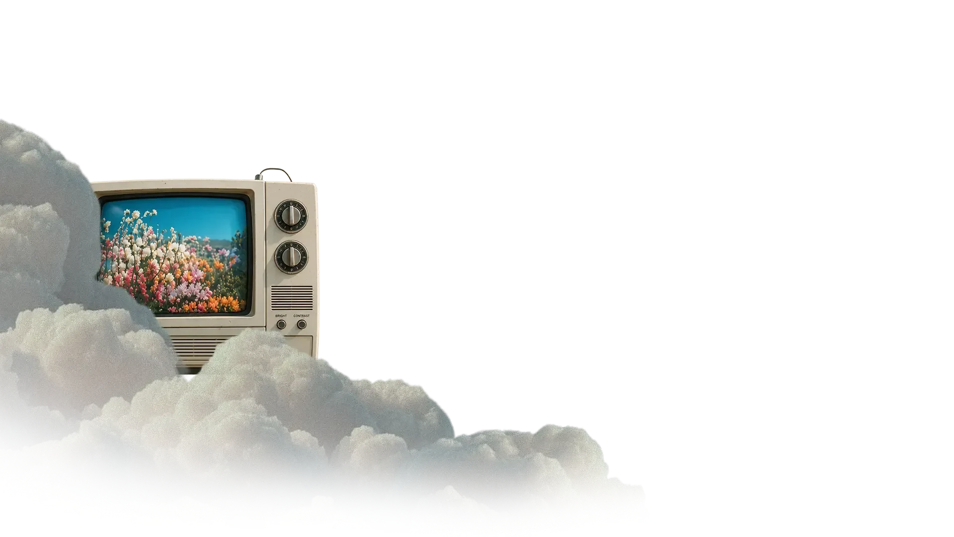 Vintage beige television displaying colorful flowers resting on fluffy white clouds against a white background.
