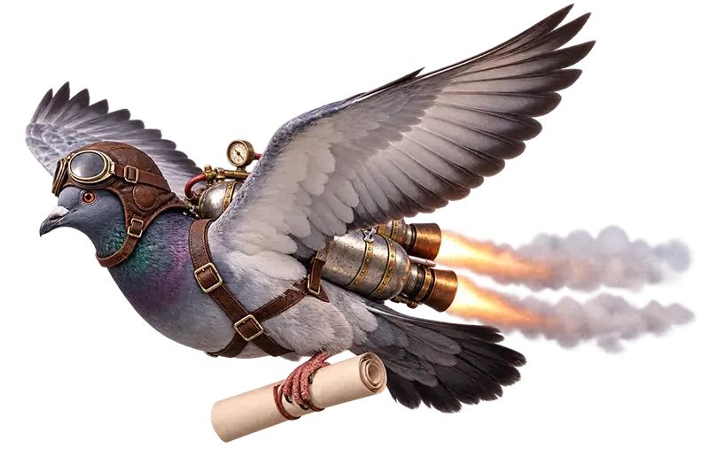 Carrier pigeon wearing brown leather harness and goggles with brass jet engines attached, flying with flames shooting out.