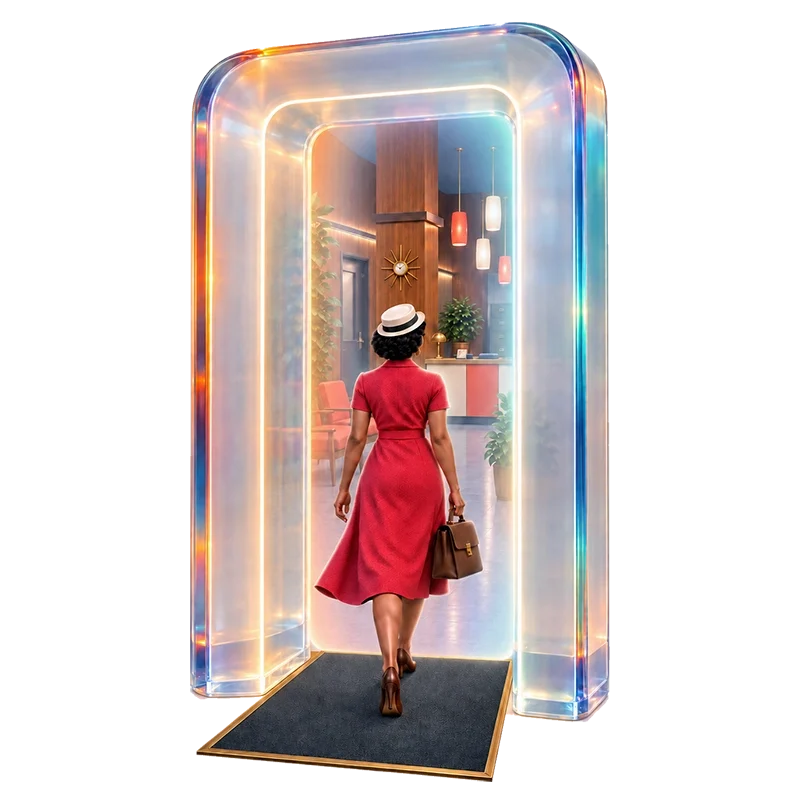 Woman in red dress and hat walking through illuminated glass archway toward mid-century modern interior space.