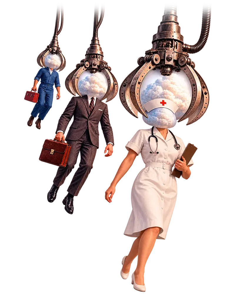 Three professionals with copper mechanical claw heads containing cloudy spheres, wearing business and medical attire.