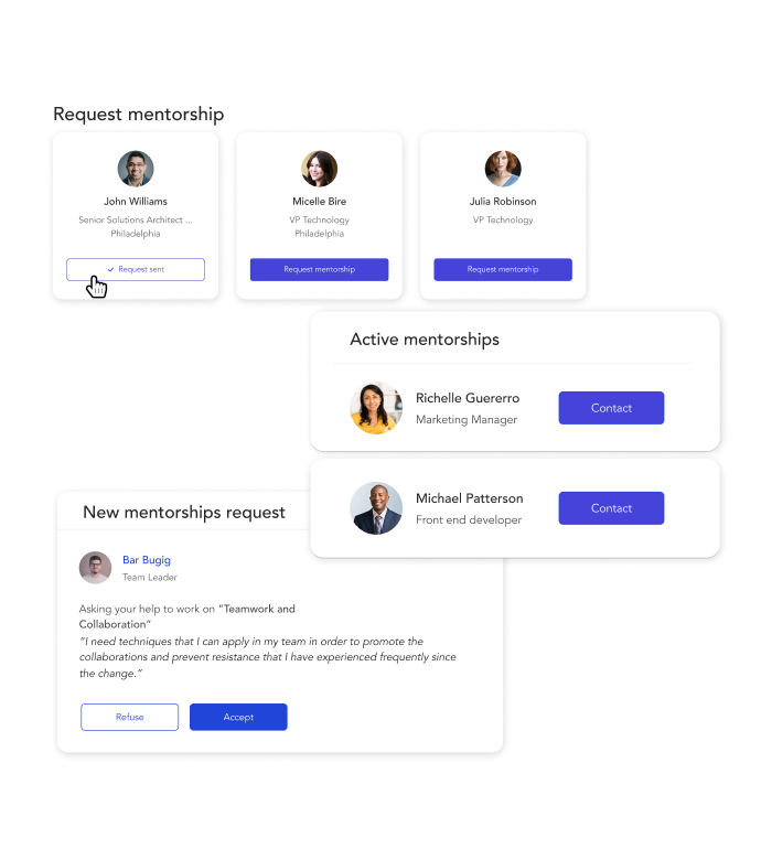 Example of user interface for mentoring features where employees can request mentors and view active mentorships within the platform