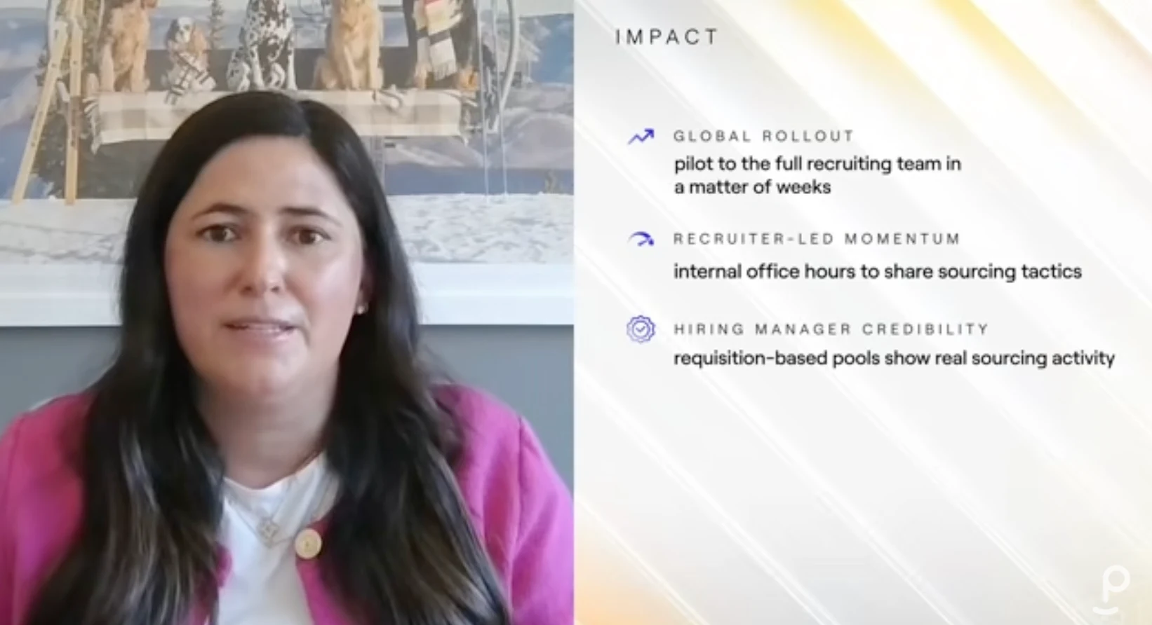 Lacey Cumming, Director of Talent Acquisition Operations at athenahealth, presenting the early impact of Phenom's Sourcing Agent: a global rollout from pilot to full recruiting team in weeks, recruiter-led momentum through internal office hours, and stronger hiring manager credibility through requisition-based candidate pools.