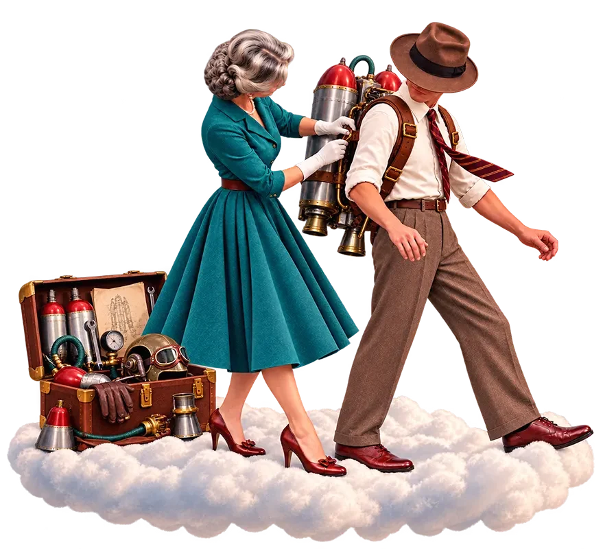 Woman in teal dress helps man in brown hat with retro jetpack, standing on clouds with open suitcase of gadgets