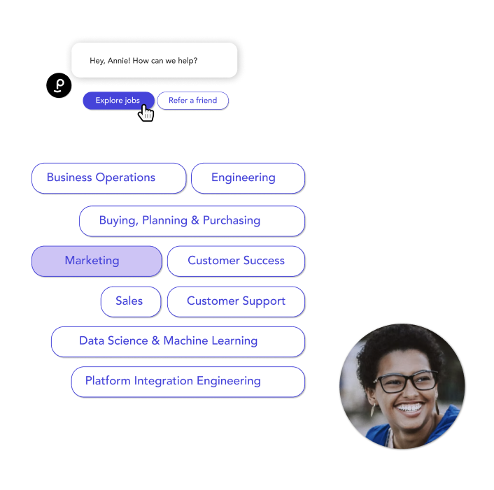 Sample conversation of a job seeker engaging with a chatbot to show the automated sourcing process powered by Phenom AI 