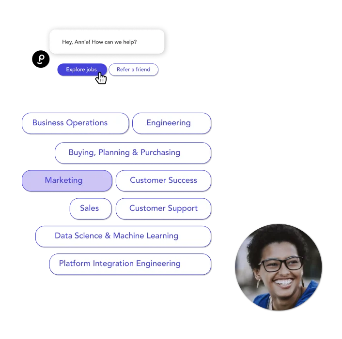 Sample conversation of a job seeker engaging with a chatbot to show the automated sourcing process powered by Phenom AI 