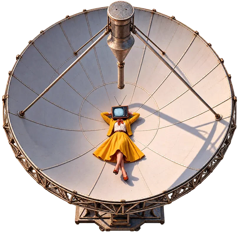 Person in yellow dress with TV head lying on large satellite dish viewed from above