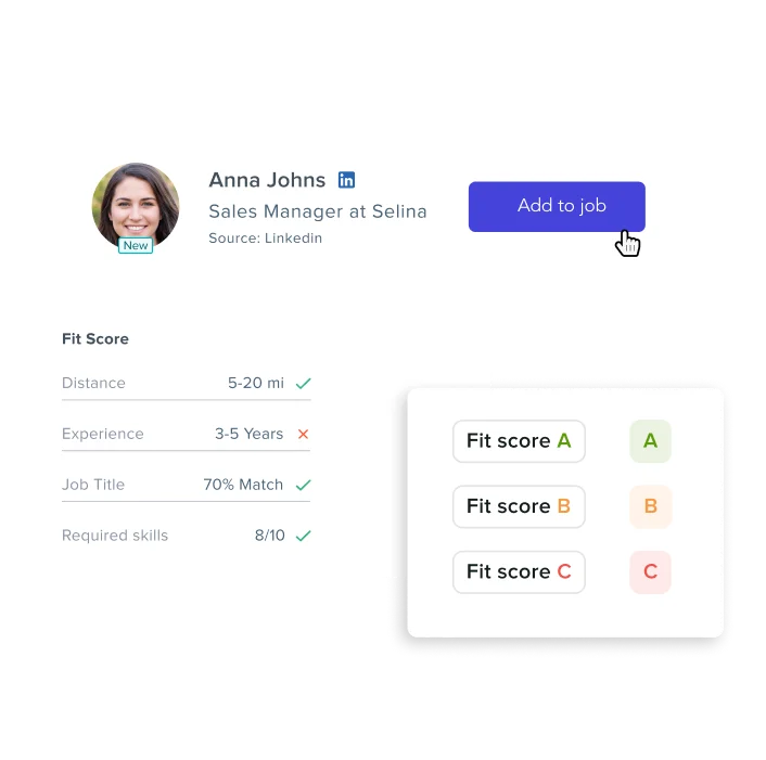 Three screengrabs of what fit scores look like within the Phenom recruiter experience platform based on skills, experience, and other inputs