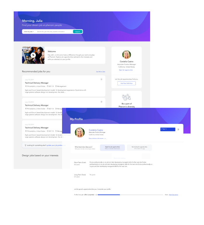Two examples of talent marketplace features and interfaces within Phenom employee experience