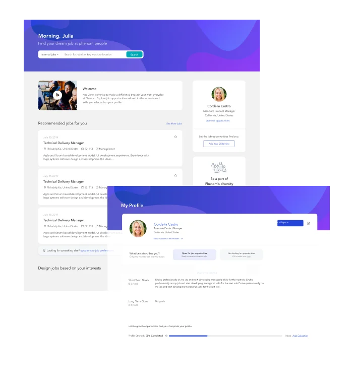 Two examples of talent marketplace features and interfaces within Phenom employee experience