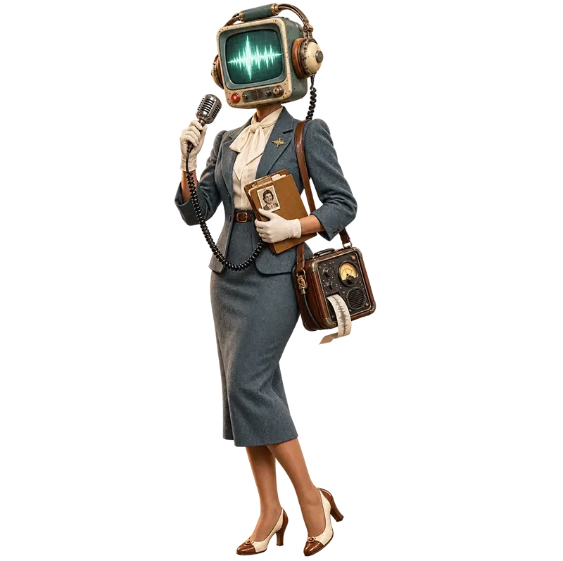 Retro-futuristic figure in gray suit with vintage TV monitor head showing waveform, holding microphone and clipboard.