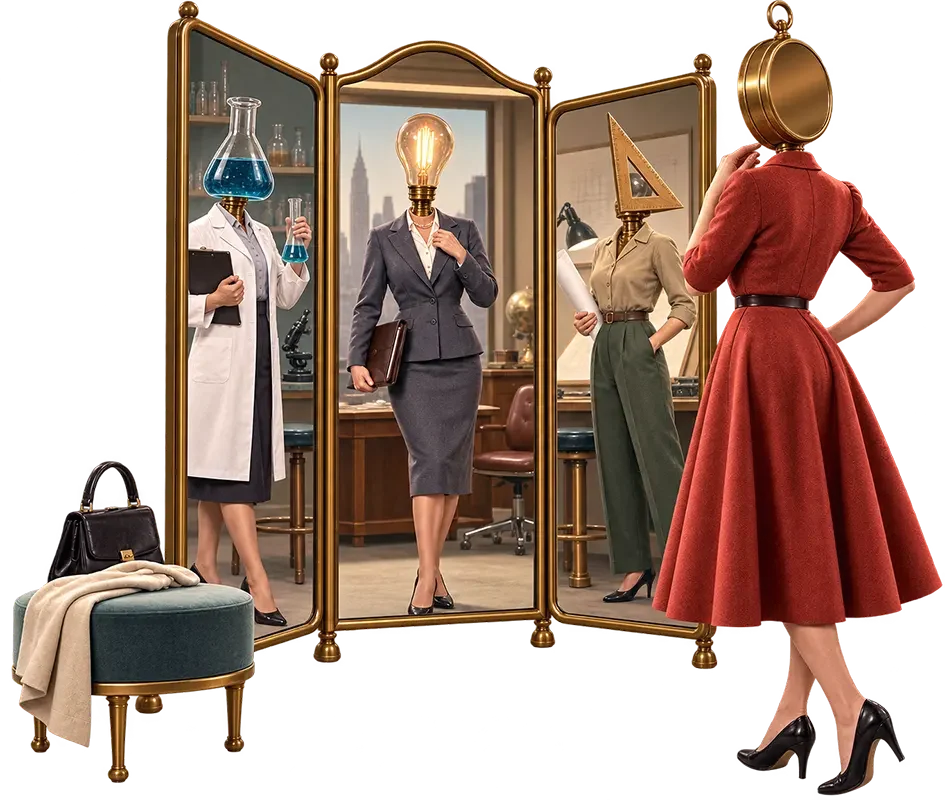 Four women in professional attire with symbolic heads: flask, lightbulb, triangle ruler, and compass, standing by a mirror.