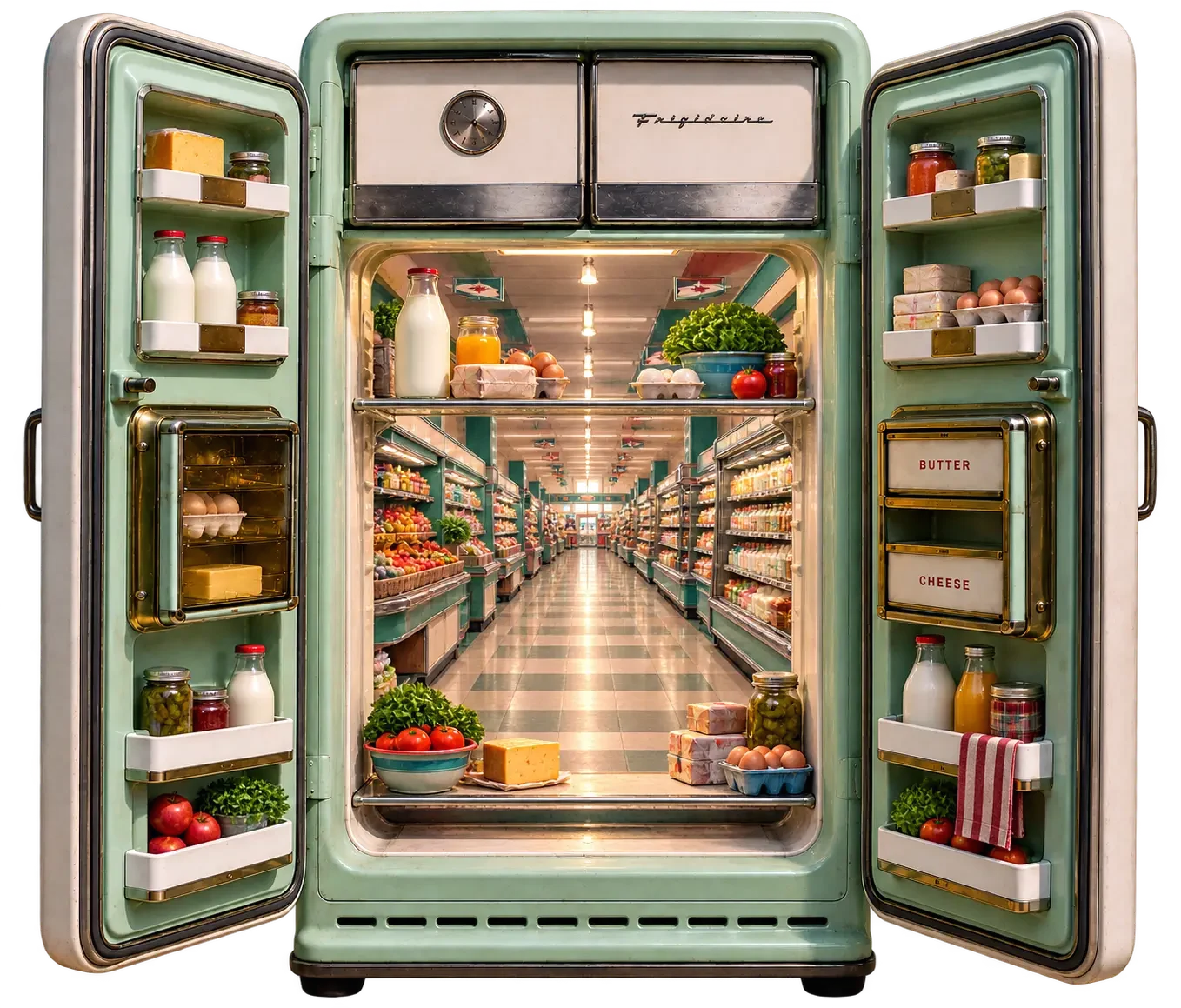 An image of an open refrigerator showing stocked shelves, but also a passthrough the rear into a grocery store.