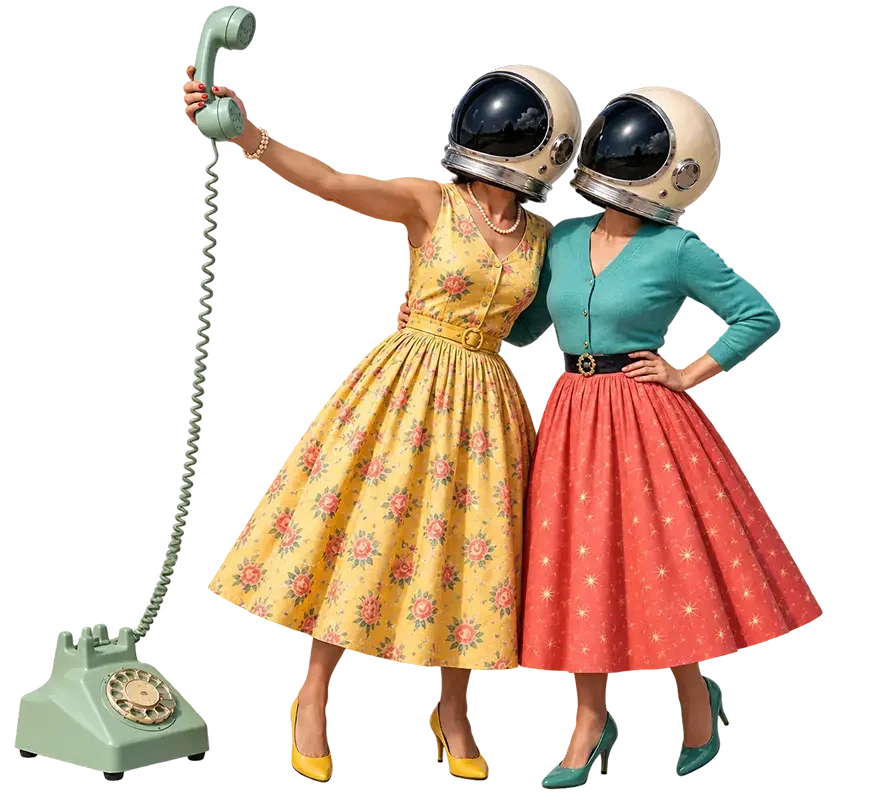 Two women in vintage 1950s dresses wearing space helmets, one holding a retro telephone handset on white background.