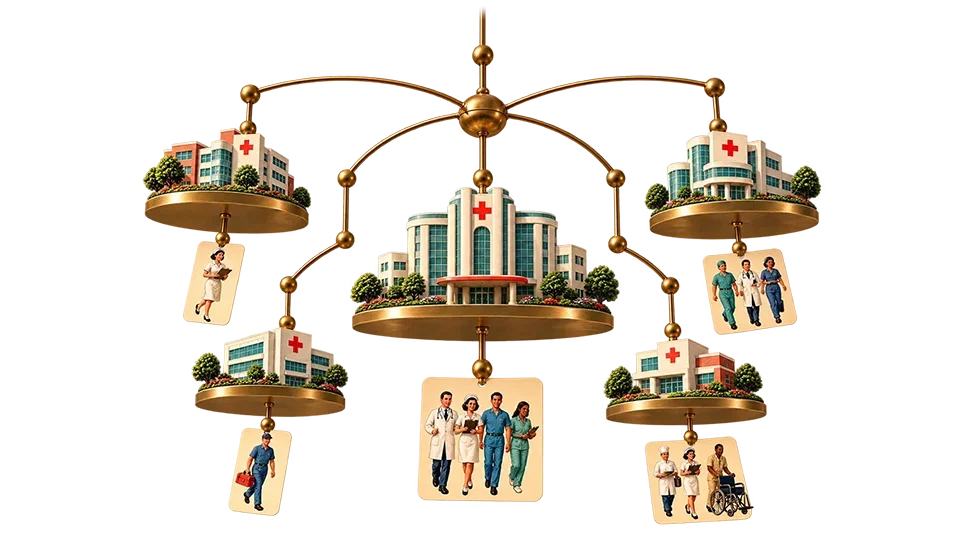 Bronze mobile with hospital buildings on platforms and healthcare workers below, illustrating a healthcare network.