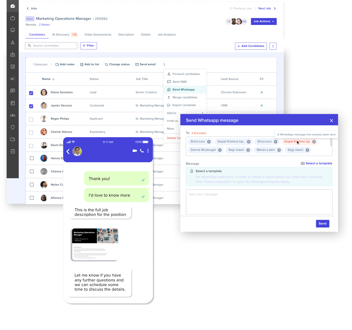 Phenom Campaigns view showing 1-to-1 and 1-to-many SMS and WhatsApp candidate messaging with templates.