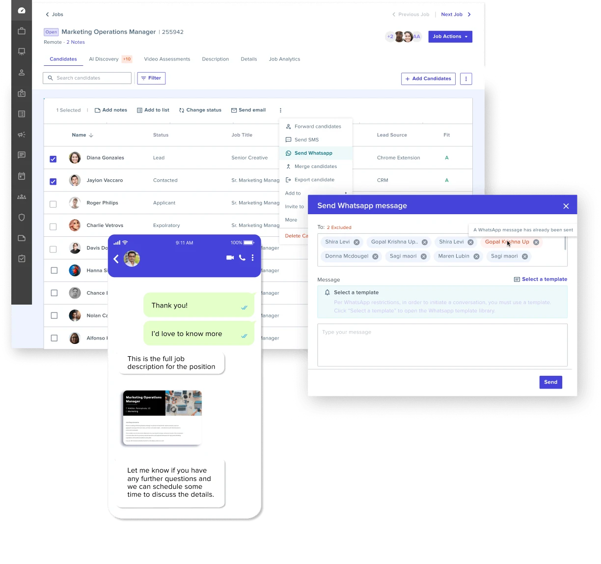 Phenom Campaigns view showing 1-to-1 and 1-to-many SMS and WhatsApp candidate messaging with templates.