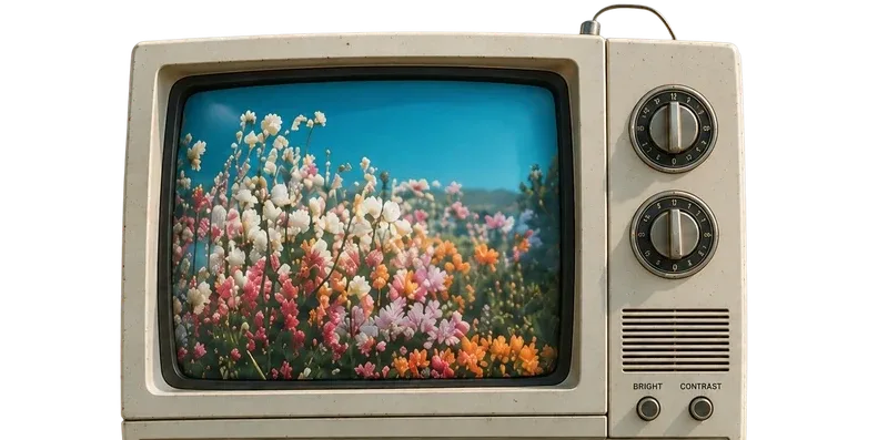 Vintage beige television displaying colorful wildflowers on screen with two control dials and adjustment knobs