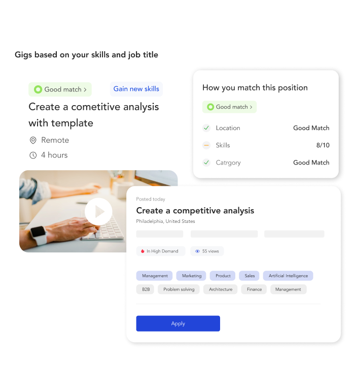 Three screengrabs of internal gig listings and features including highlighted skills that align with the skill and fit scores