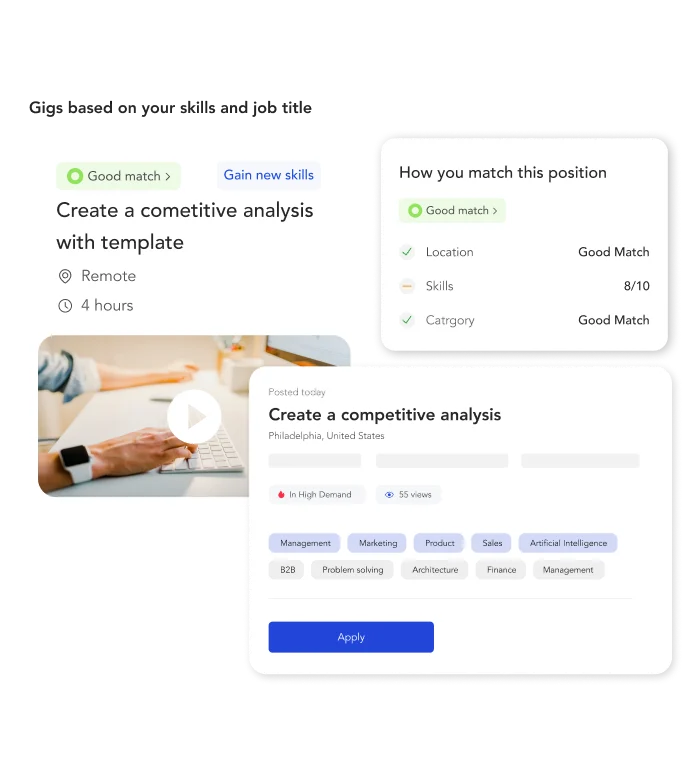 Three screengrabs of internal gig listings and features including highlighted skills that align with the skill and fit scores