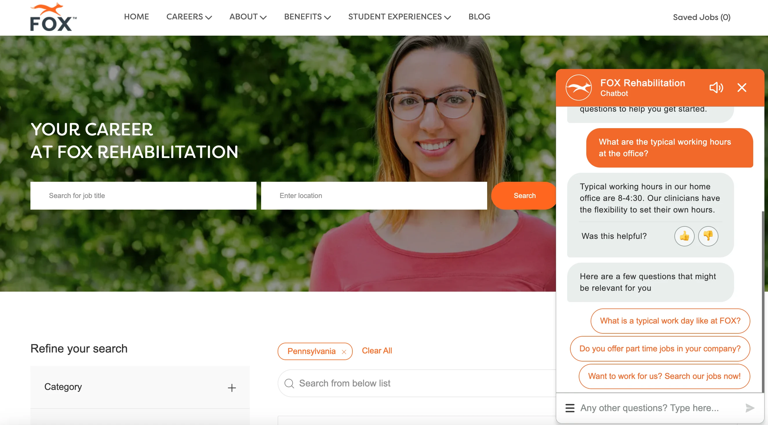 Screenshot of Fox Rehab career site and chatbot