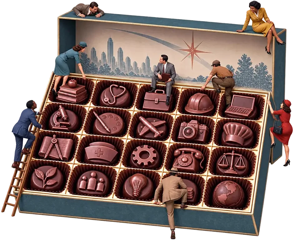 Elegant box of chocolate pieces shaped like professional symbols including briefcase, hard hat, camera, and scales of justice.