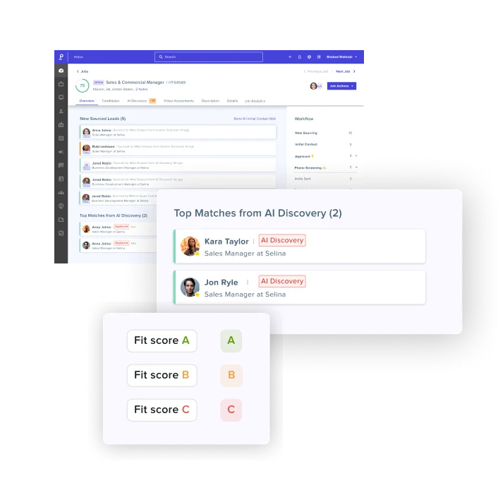 Three screenshots of candidate management features within the Phenom recruiter experience platform on a transparent background