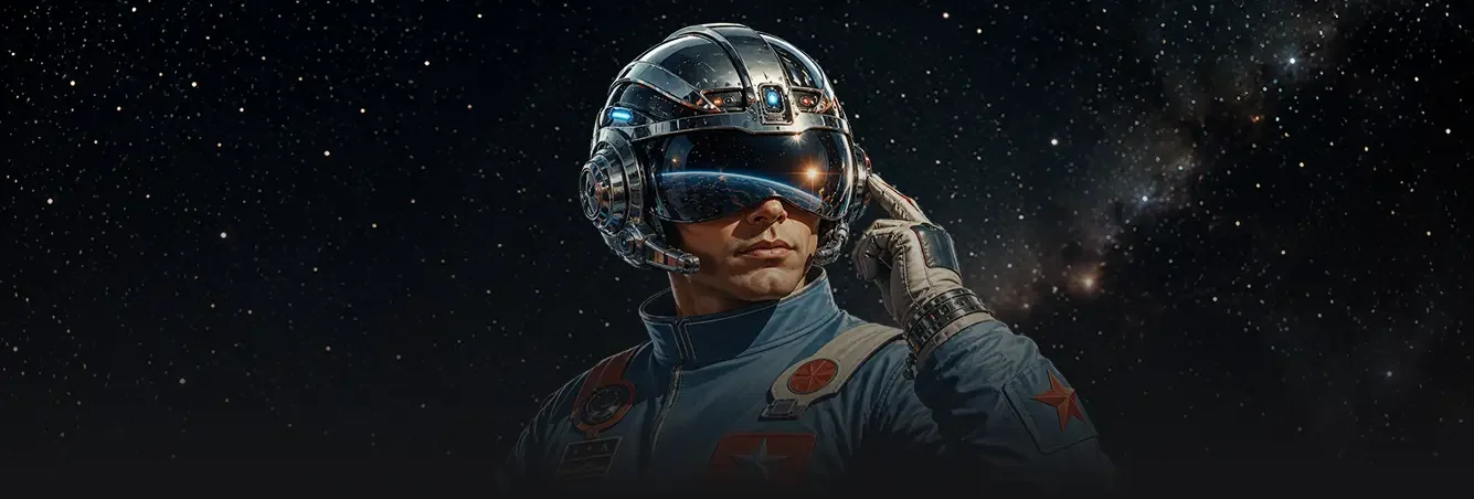 Astronaut wearing futuristic helmet with blue lights against starry space background in dark atmospheric scene.