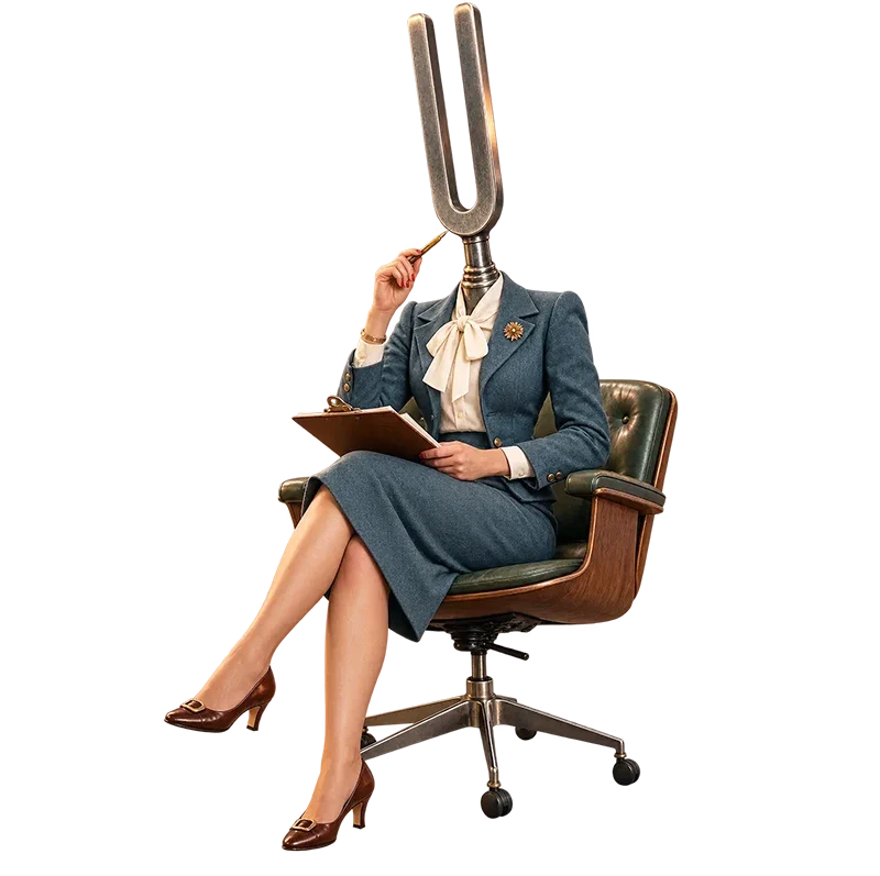 Woman in blue suit sitting in office chair holding clipboard with large tuning fork replacing her head on white background