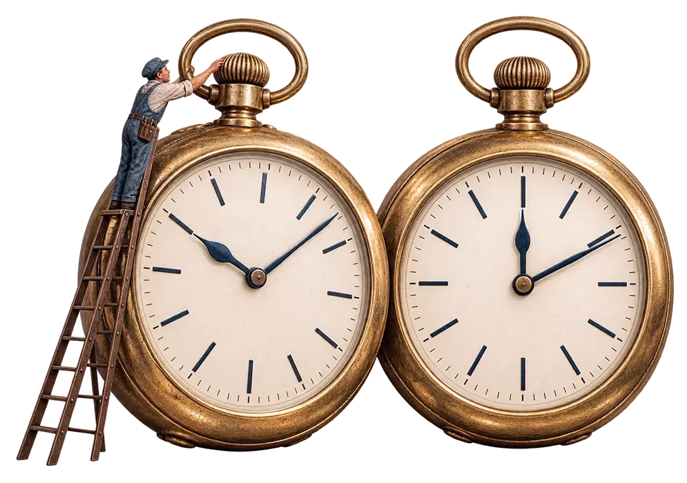 Miniature worker on ladder adjusting hands of large bronze pocket watch, with second identical watch beside it.