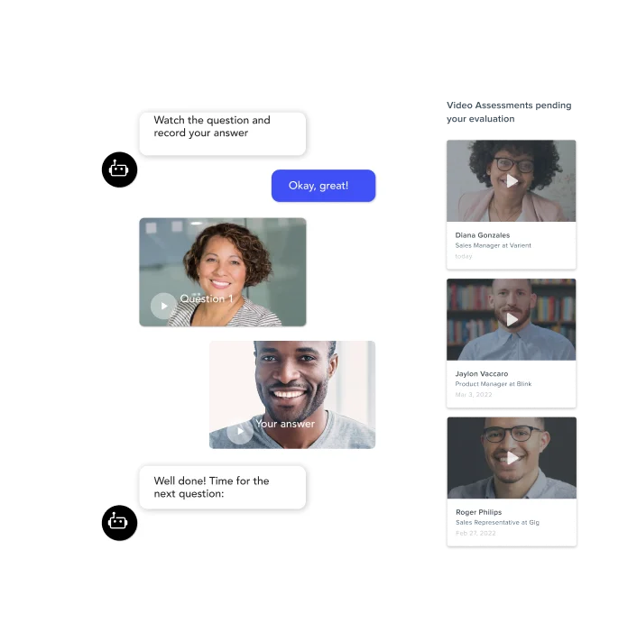 Screengrab of video assessment features available within Phenom's recruiter experience platform on a transparent background 
