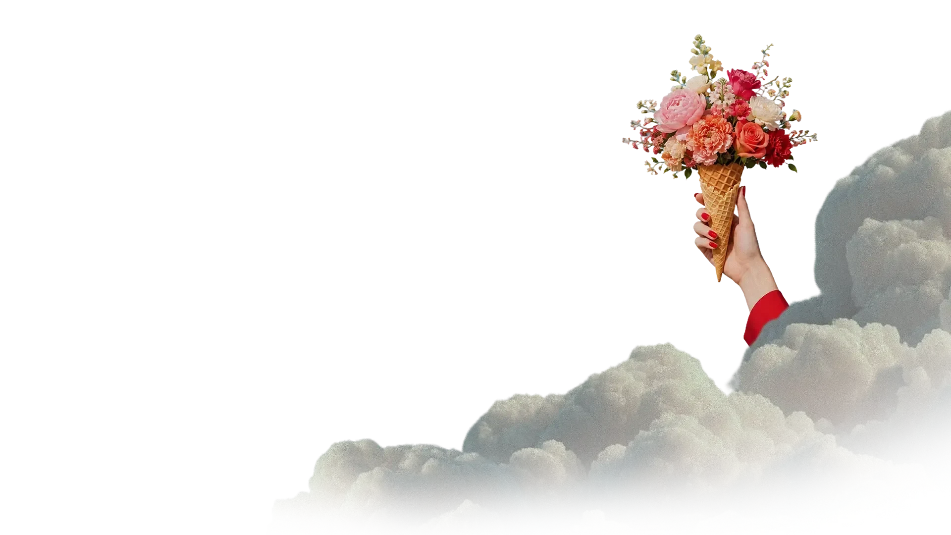 Hand with red sleeve holding ice cream cone filled with pink, red, and coral flowers emerging from gray clouds.