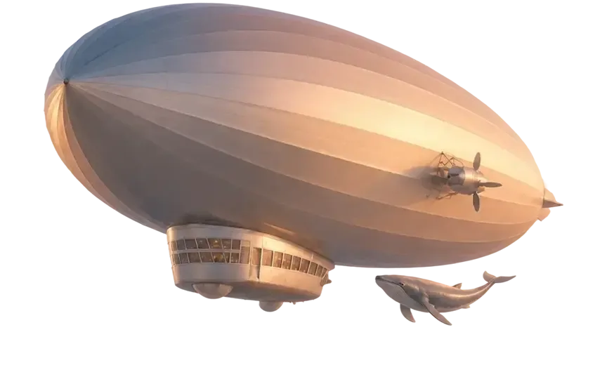 Cream-colored airship floating in sky with small airplane and whale nearby against white background