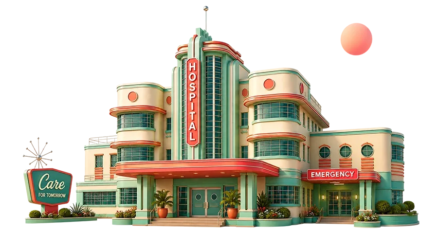Retro-style hospital building in mint green and coral with curved architecture, vertical Hospital sign, and Emergency entrance.
