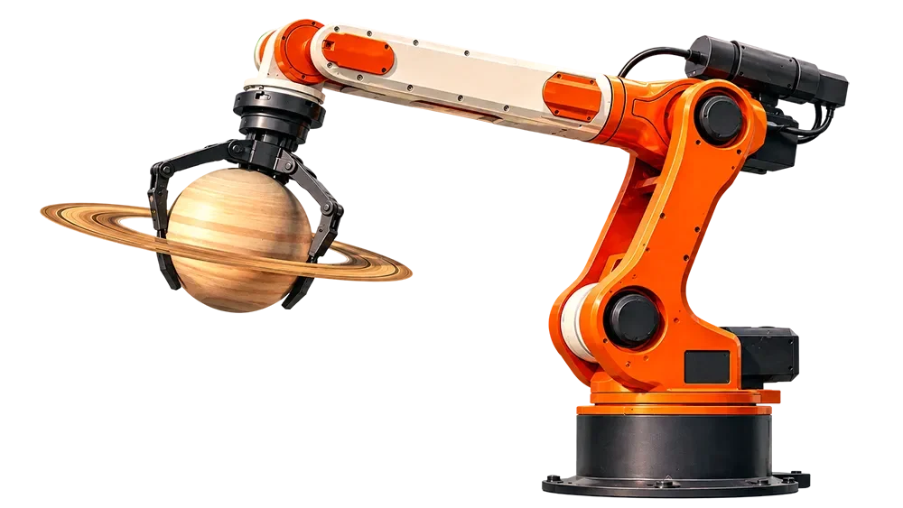 Orange and black industrial robotic arm holding a model of Saturn with its rings against a white background.