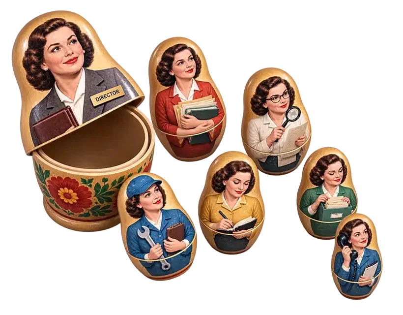 Vintage-style nesting dolls featuring 1950s women in various professional roles, painted on wooden matryoshka dolls.