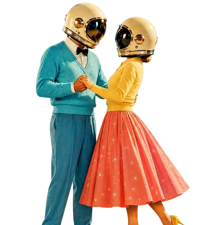Two people in retro 1950s clothing wearing gold space helmets hold hands in a dancing pose against a white background.