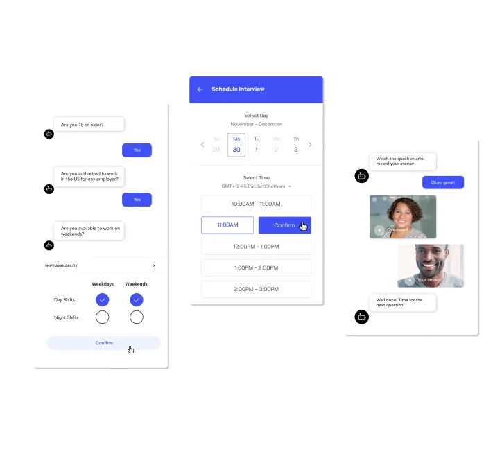 Three screengrabs of high volume hiring features available from Phenom on a transparent background