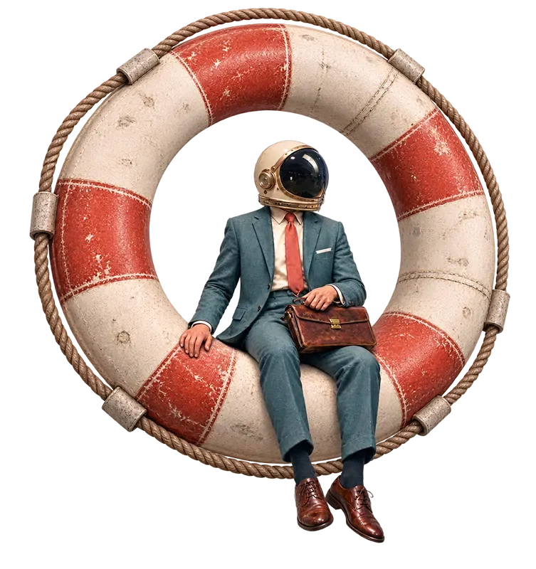 Business person in suit with astronaut helmet sitting in red and white life preserver ring holding briefcase.