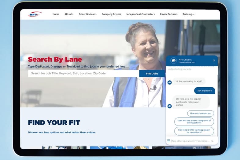 tablet screen with NFI career site and chatbot shown