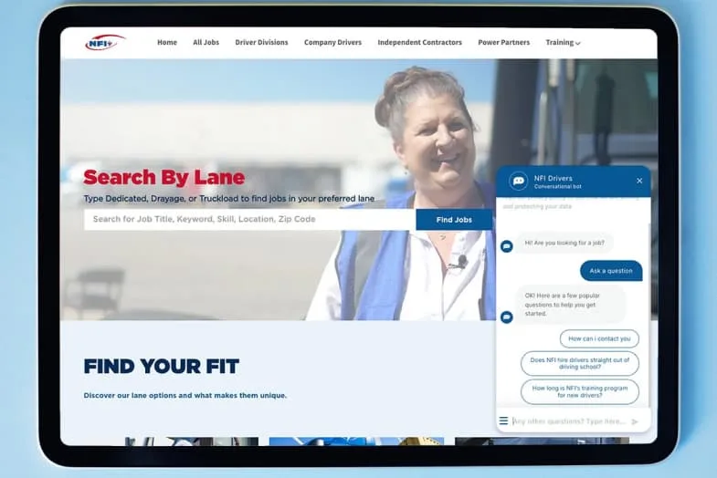 tablet screen with NFI career site and chatbot shown