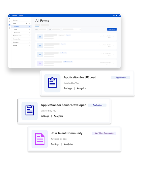 Phenom Forms builder showing a multi-step talent application form built with templates and pre-built connectors for event registration, lead capture, and applications.