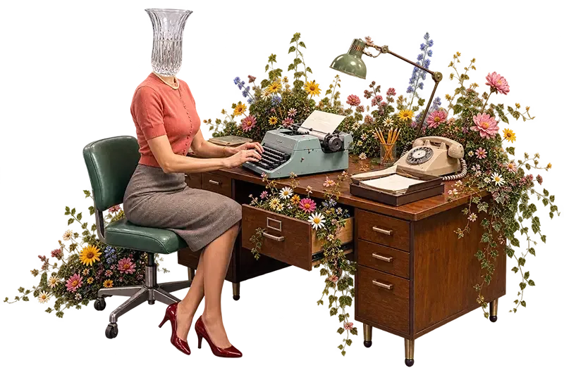 Woman with vase for head sits at vintage desk covered in flowers, typing on typewriter with green lamp and phone nearby