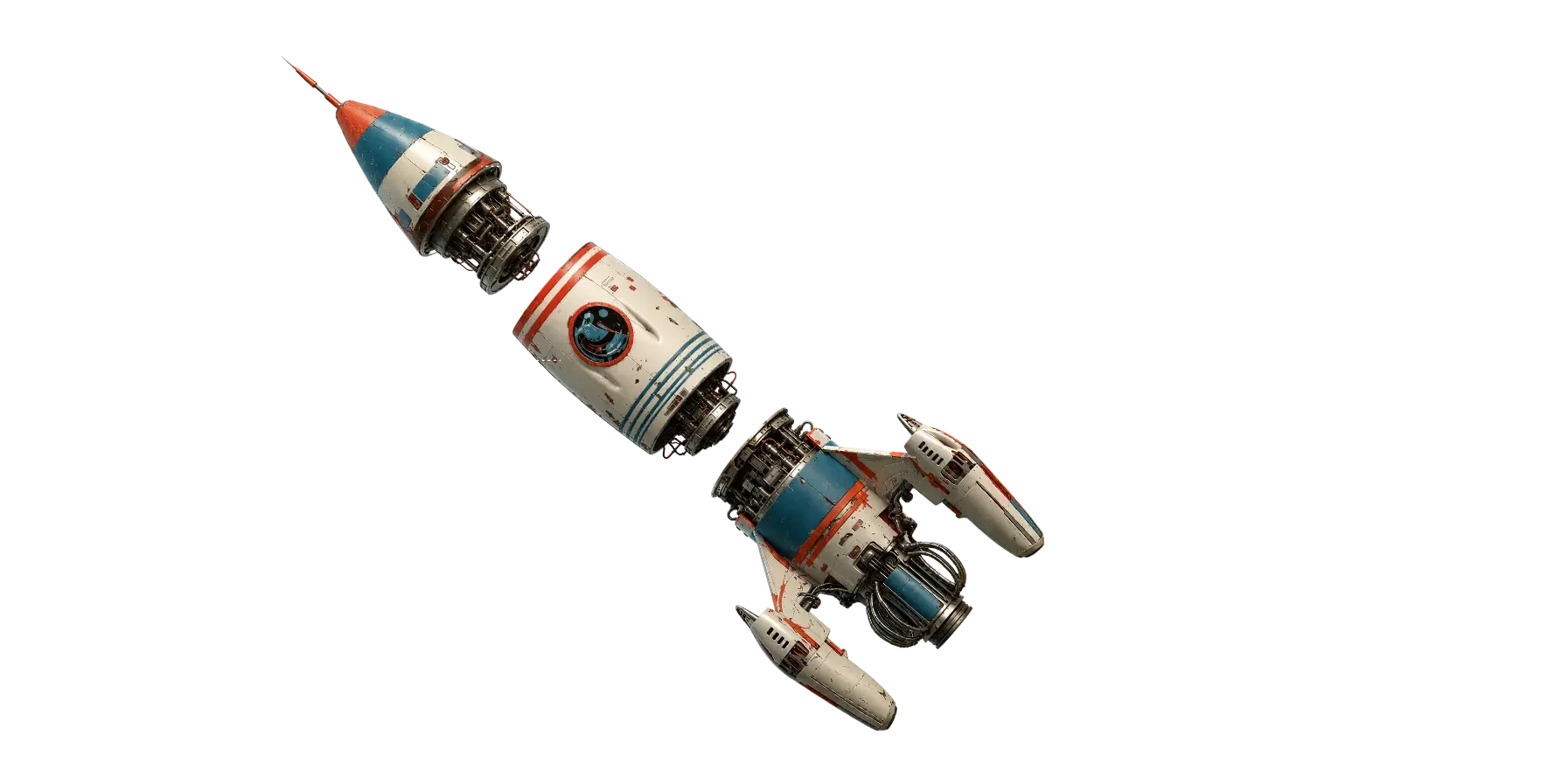 Exploded view diagram of a rocket showing three labeled sections: Capsule II, Applied AI, and Tripleone components