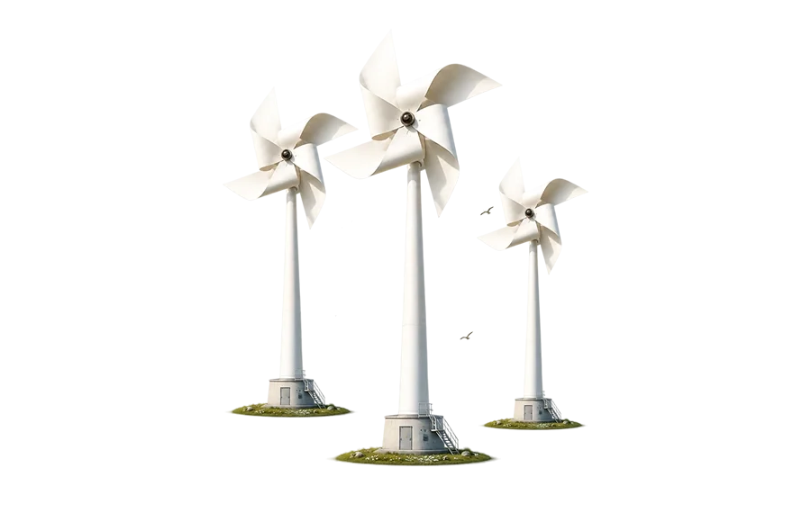 Three white wind turbines with spinning blades on tall towers against a white sky with birds flying nearby.
