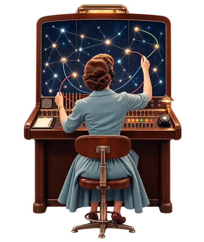 Woman in blue dress seated at vintage switchboard with a constellation as the board, connecting stars to other stars.