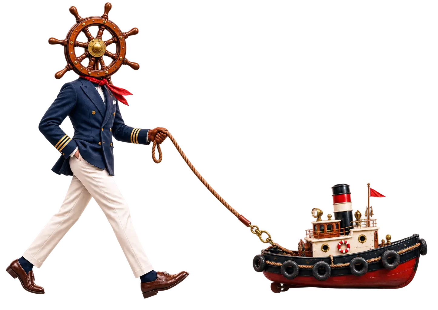 Person in naval uniform with ship's wheel for head, wearing red neckerchief, pulling toy tugboat with rope on white background.