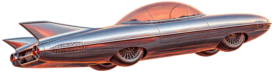 Retro-futuristic silver spaceship with pink dome cockpit and red accents on white background