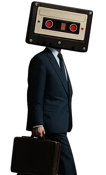 Person in dark suit holding briefcase with vintage cassette tape for a head on white background